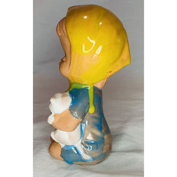 Uctci Japan Figurine Girl Pottery Red Clay 5" Vintage 1960s MCM Blue Dress Cat - Picture 3 of 11